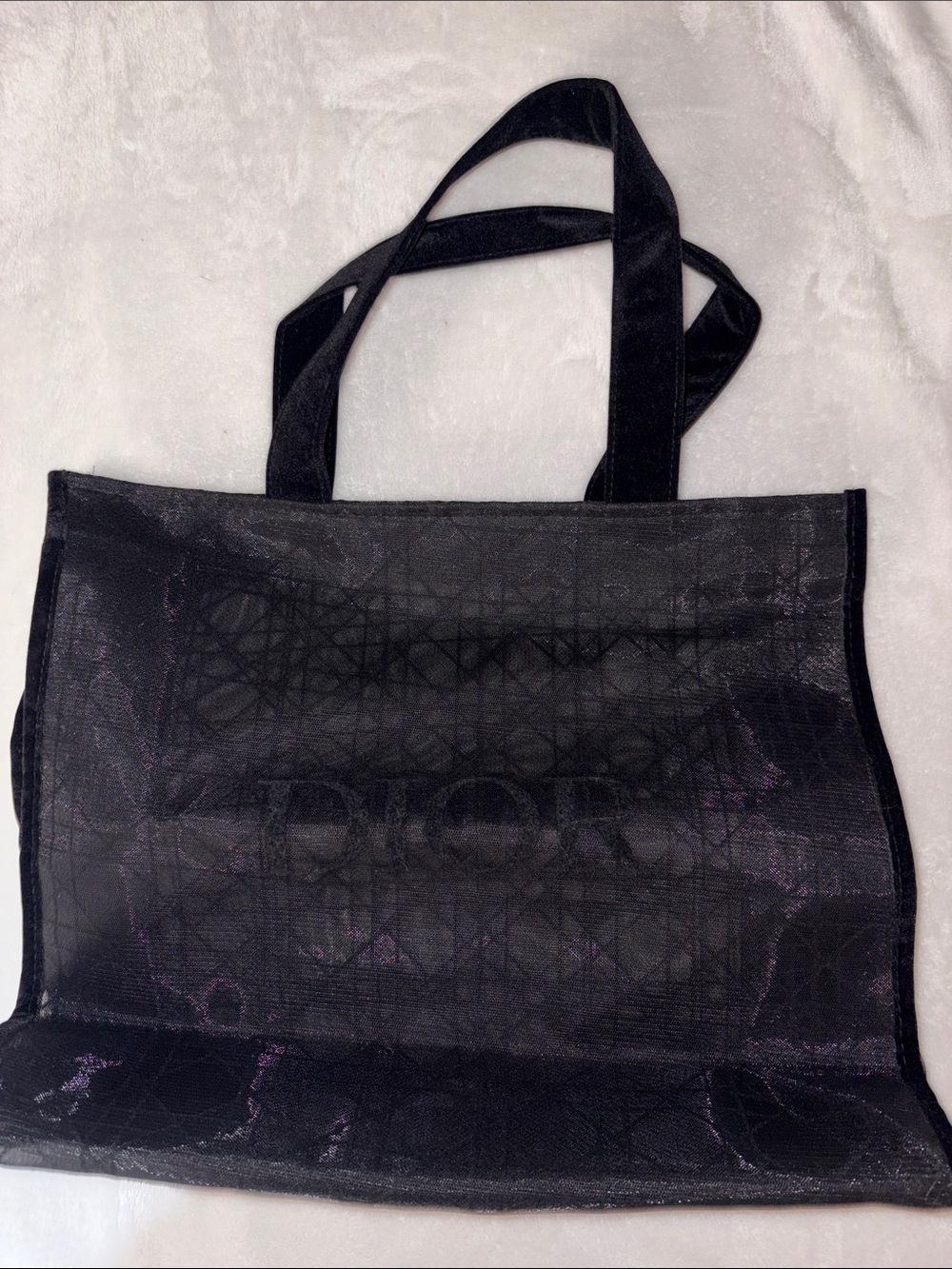 Dior Beauty Black Mesh Tote Bag and cosmetic pouch.